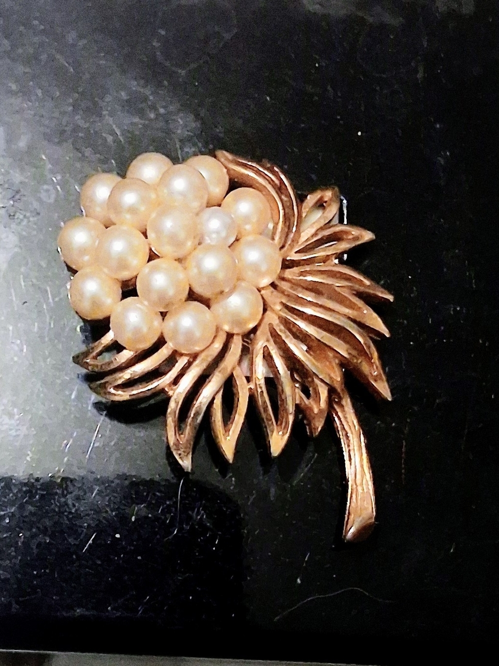 Vintage Crown Trifari Gold Tone Faux Pearl Flower Leaf Brooch